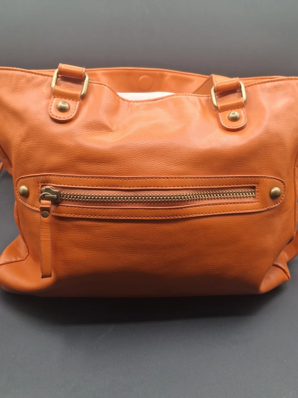 Women's Orange Leather Tote Bag with Ring-Link Accent